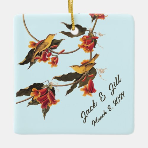 Yellow songbirds on Crossvine Ceramic Ornament
