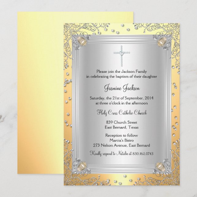 Yellow Sparkle Jewel Baptism/Christening Invite (Front/Back)