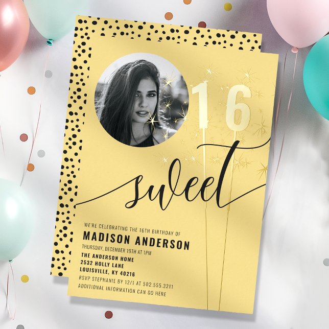Yellow Sparkler Sweet 16 Birthday Photo Foil Invitation (Creator Uploaded)