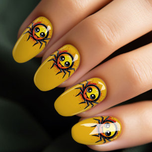 Yellow Spider Halloween Nail Art Design