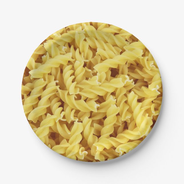 Yellow spiral pasta pattern paper plates (Front)