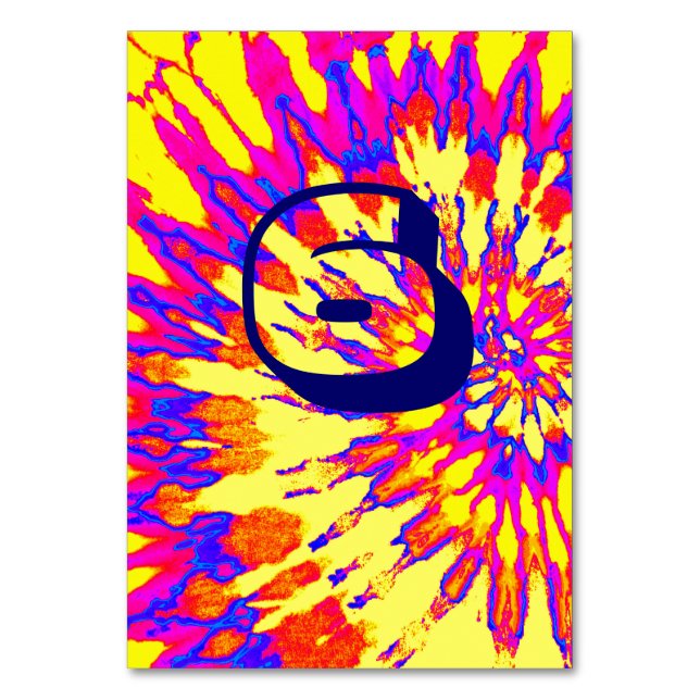 Yellow Spiral Tie Dye Wedding Table Six Table Number (Front)