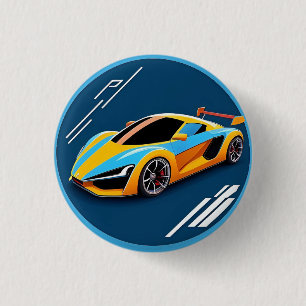 Yellow Sports Car on Blue Background Button