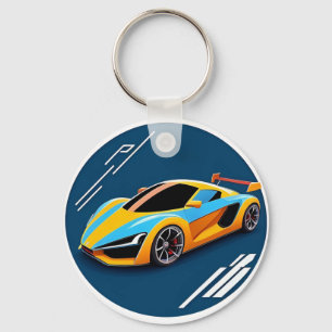 Yellow Sports Car on Blue Background Keychain