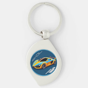 Yellow Sports Car on Blue Background Keychain