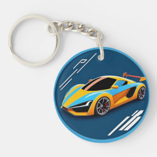 Yellow Sports Car on Blue Background Keychain