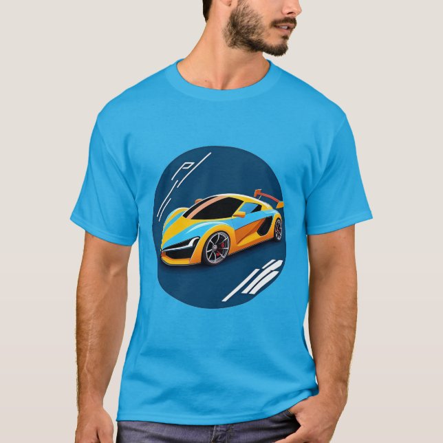 Yellow Sports Car on Blue Background T-Shirt (Front)