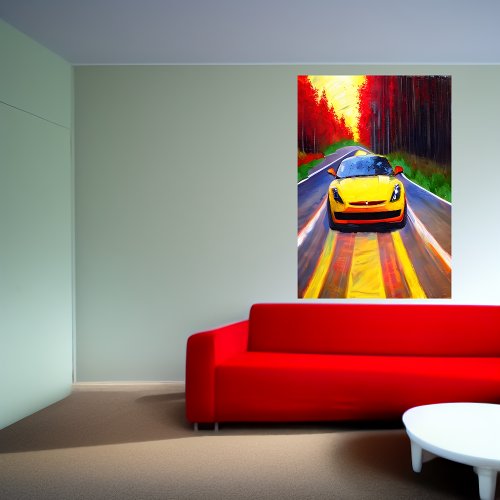 Yellow sports car on the road  AI Art Poster