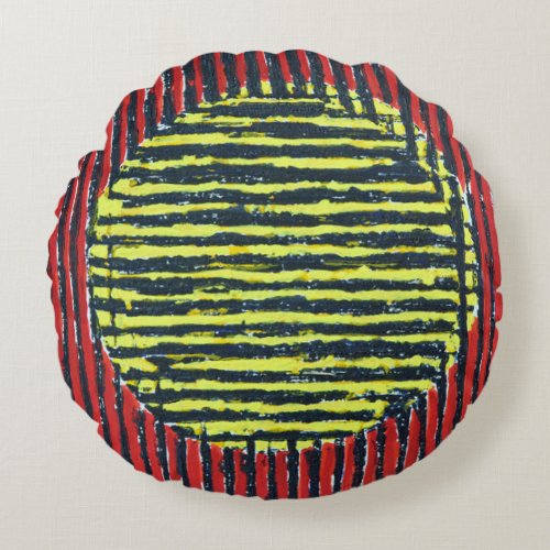 Yellow Spot abstract striped sun red background Round Pillow