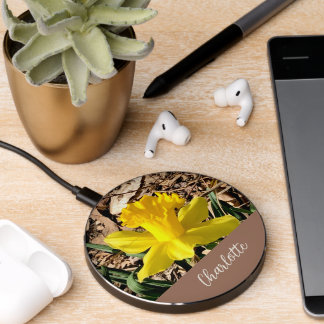 Yellow Spring Daffodil in the Garden Custom Name Wireless Charger