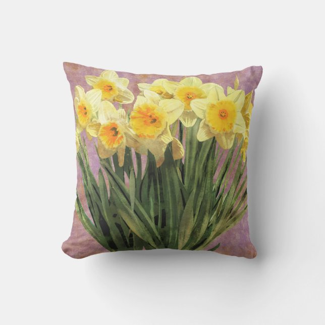 Yellow Spring Daffodils Rustic Lavender Outdoor Pillow (Front)