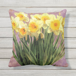 Yellow Spring Daffodils Rustic Lavender Outdoor Pillow