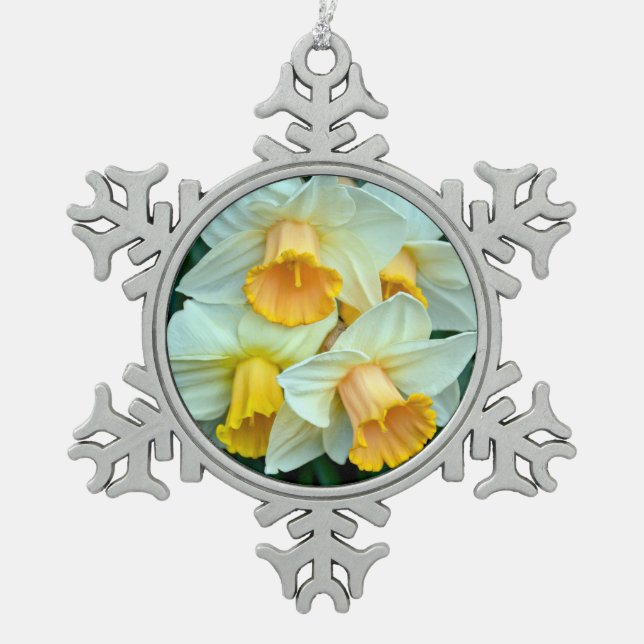 Yellow spring daffodils snowflake pewter christmas ornament (Front)