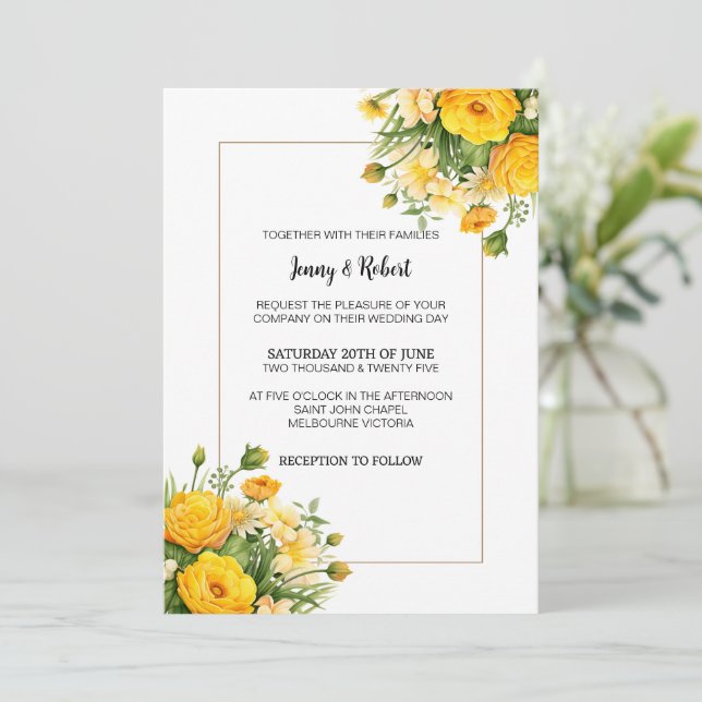 Yellow Spring Day Bouquet Wedding Invitation (Standing Front)