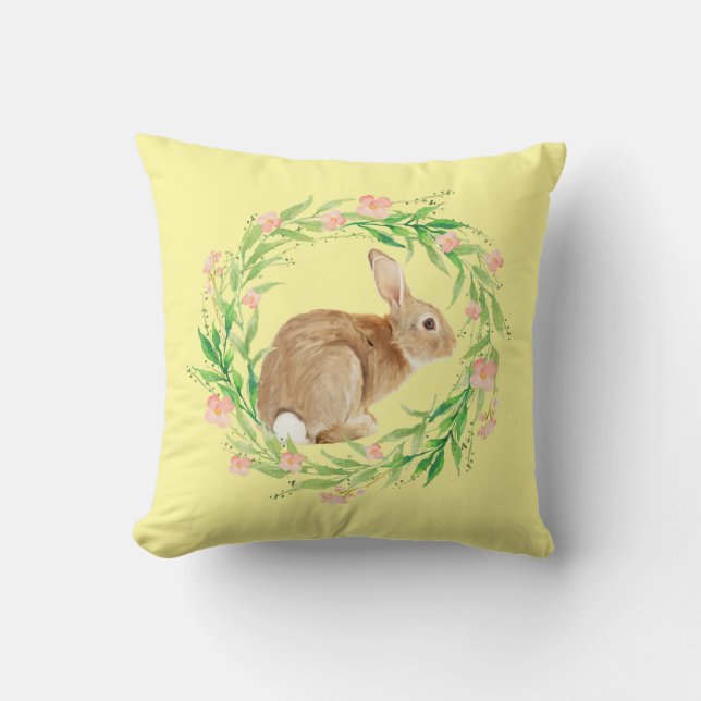 Yellow Spring Easter Bunny Wreath Throw Pillow (Front)