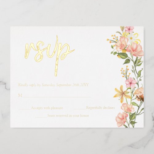 Yellow Spring Floral Pink Flowers RSVP Real Gold Foil Invitation Postcard