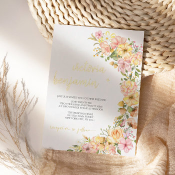 Yellow Spring Floral Pink Flowers Wedding Gold Foil Invitation by rusticwedding at Zazzle