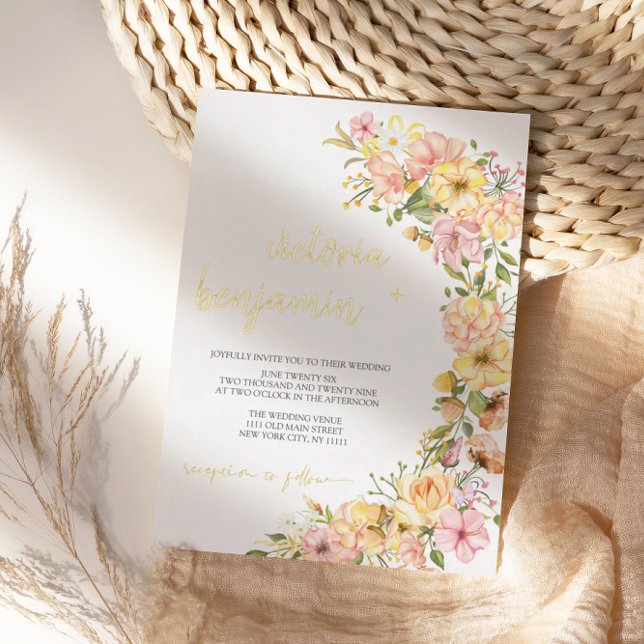 Yellow Spring Floral Pink Flowers Wedding Gold Foil Invitation (Creator Uploaded)
