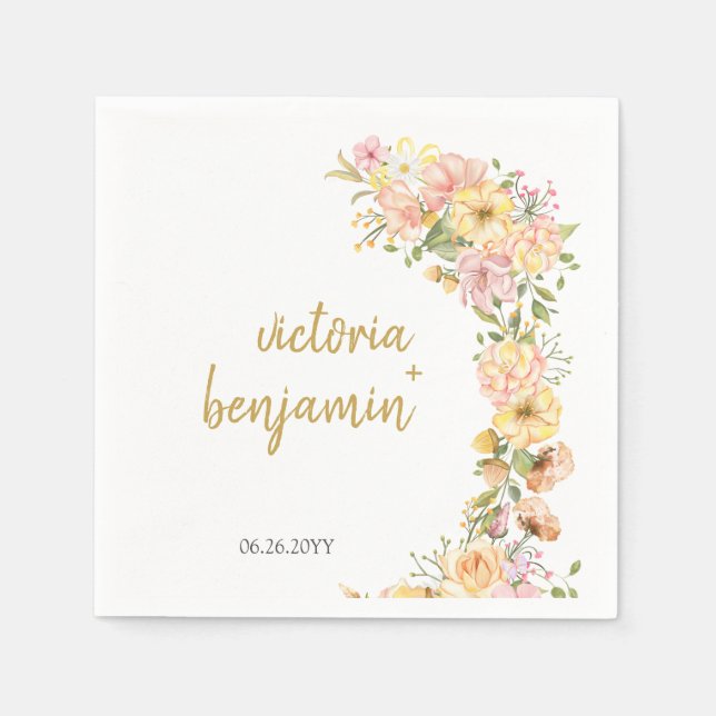 Yellow Spring Floral Pink Flowers Wedding Napkins (Front)