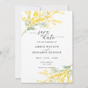 Yellow Spring Mimosa Floral Wedding Save The Date Invitation