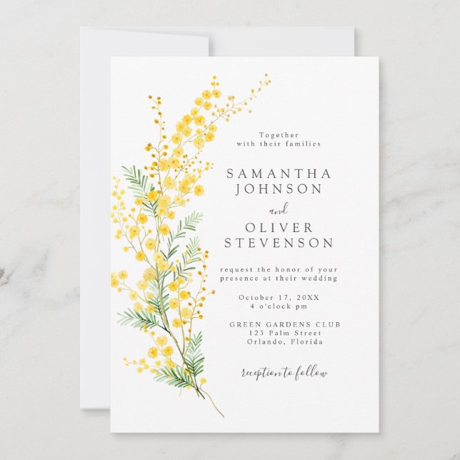 Yellow Spring Mimosa Wattle Flowers Chic Wedding Invitation (Front)