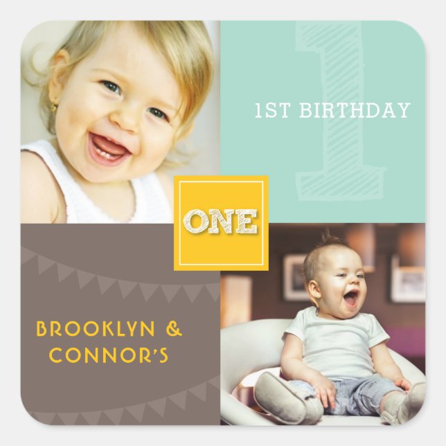 Yellow Square Sketch One Twins 1st Birthday Photo Sticker (Front)