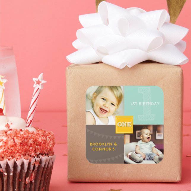 Yellow Square Sketch One Twins 1st Birthday Photo Sticker (Party)