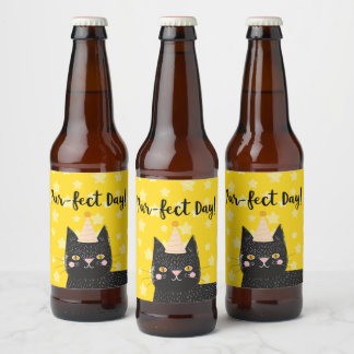 Yellow Star Black Cat Perfect Day Party Beer Bottle Label