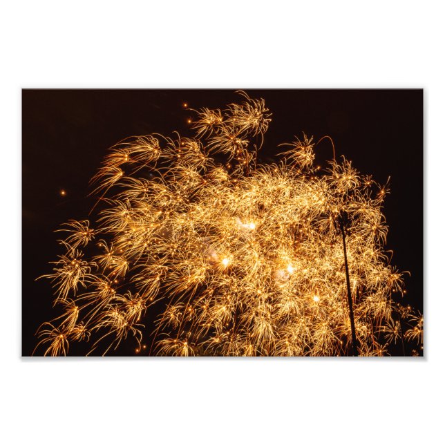 Yellow starburst fireworks against black sky photo print (Front)