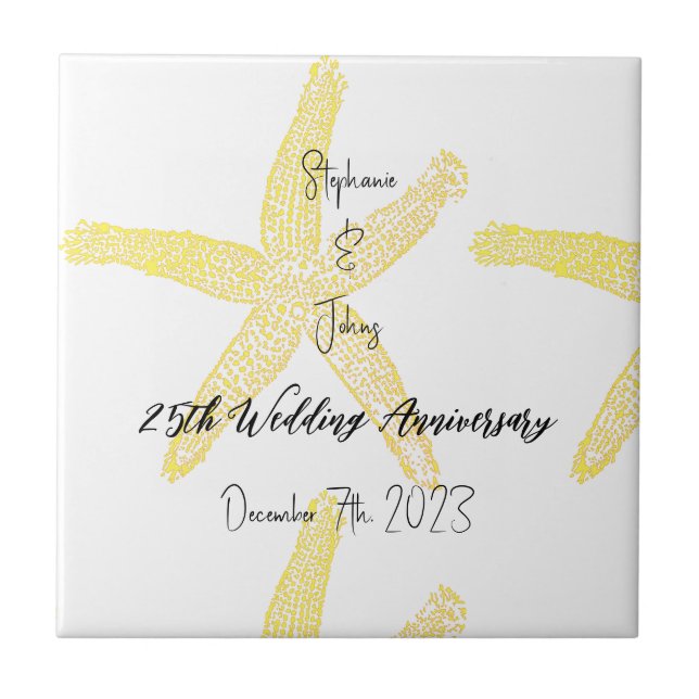 Yellow Starfish 25th Wedding Anniversary Monograms Ceramic Tile (Front)
