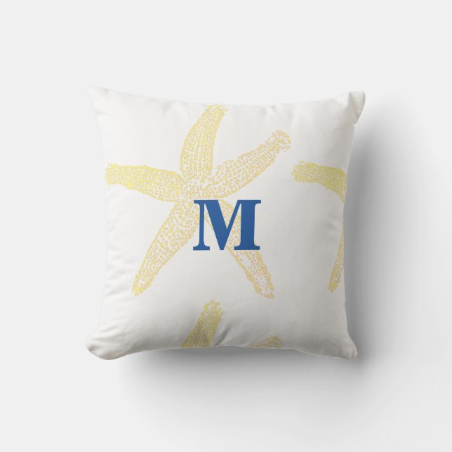 Yellow Starfish Monogram Initial Custom Cute Beach Outdoor Pillow (Front)