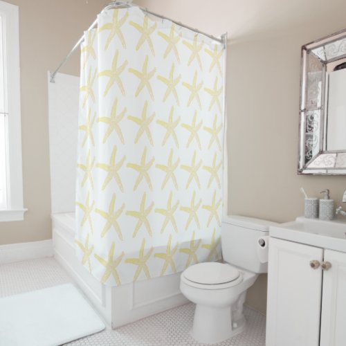 Yellow Starfish Sea Stars Pattern Cute White Beach Shower Curtain