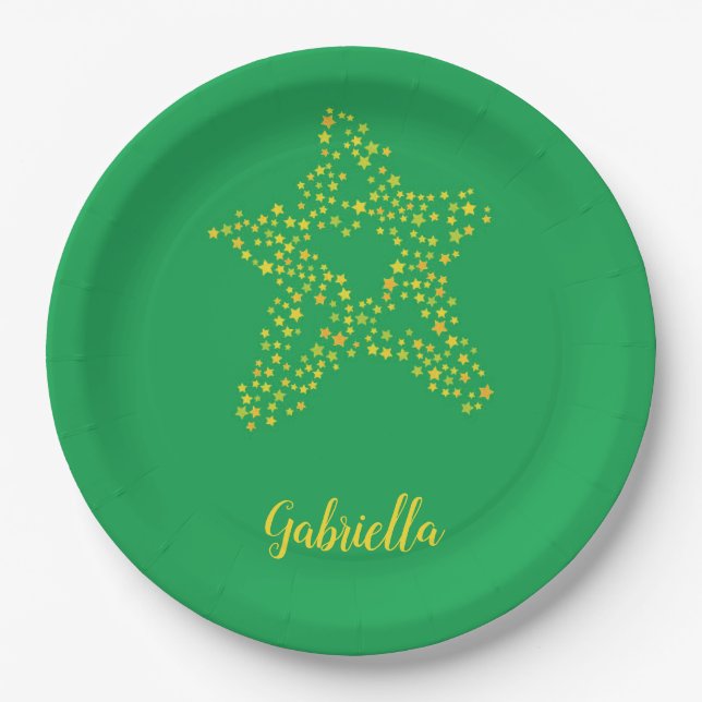 Yellow stars in star on green paper plates (Front)