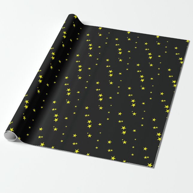 Yellow Stars on Black Gift Wrapping Paper (Unrolled)