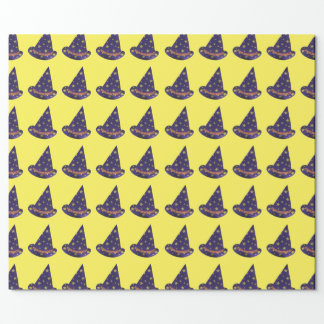 Yellow Stars on Purple Wizard Hats Halloween Wrapping Paper