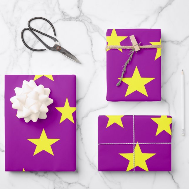 Yellow stars on purple wrapping paper sheets (Front)