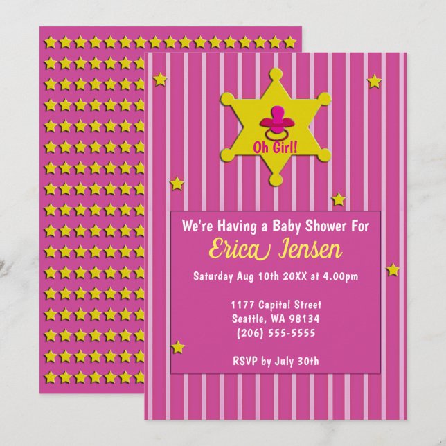 Yellow Stars & Pacifier Baby Girl Shower Invitation (Front/Back)