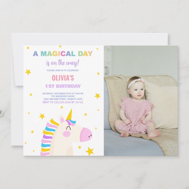 Yellow Stars Unicorn Birthday Invitations w photo (Front)