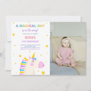 Yellow Stars Unicorn Birthday Invitations w photo