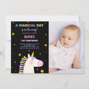 Yellow Stars Unicorn Birthday Invitations w photo