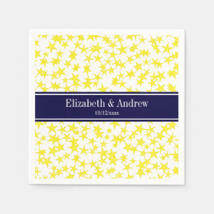 Yellow Stars White BG, Navy Blue Name Monogram Napkins