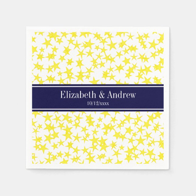 Yellow Stars White BG, Navy Blue Name Monogram Napkins (Front)