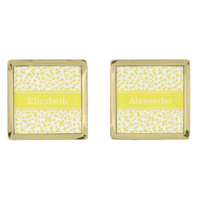 Yellow Stars White BG, Yellow Name Monogram Cufflinks (Front)