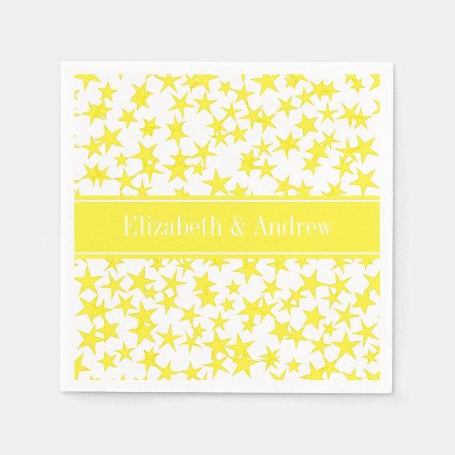 Yellow Stars White BG, Yellow Name Monogram Paper Napkins (Front)