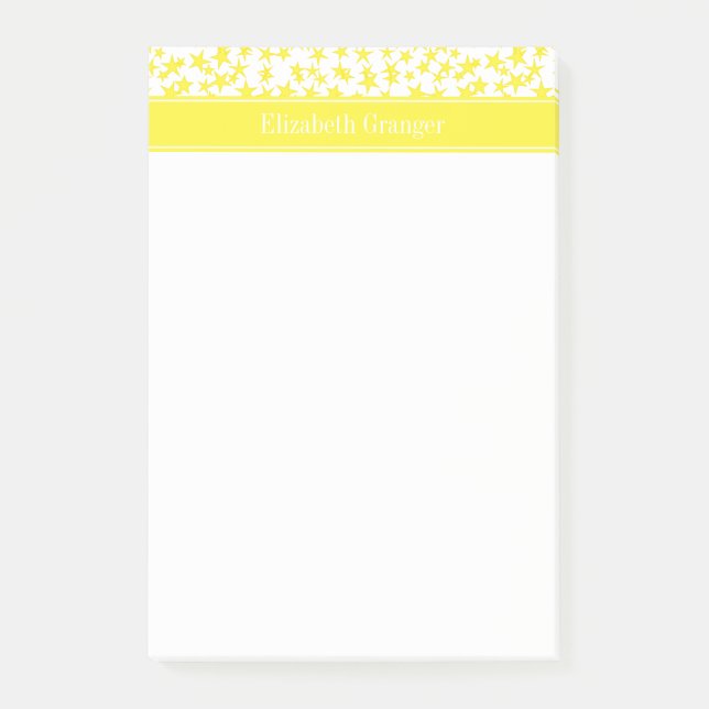 Yellow Stars White BG, Yellow Name Monogram Post-it Notes (Front)