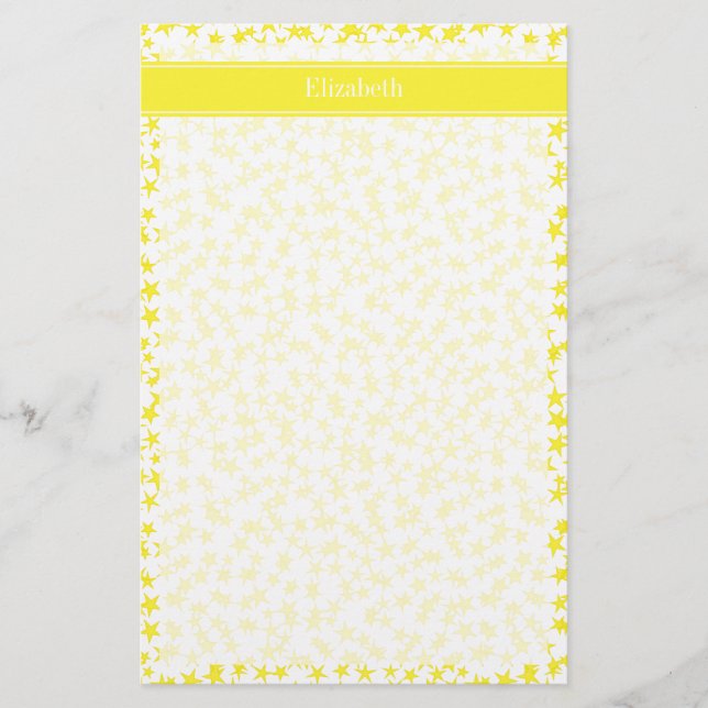 Yellow Stars White BG, Yellow Name Monogram Stationery (Front)