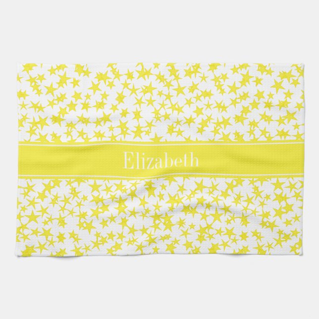 Yellow Stars White BG, Yellow Name Monogram Towel (Horizontal)