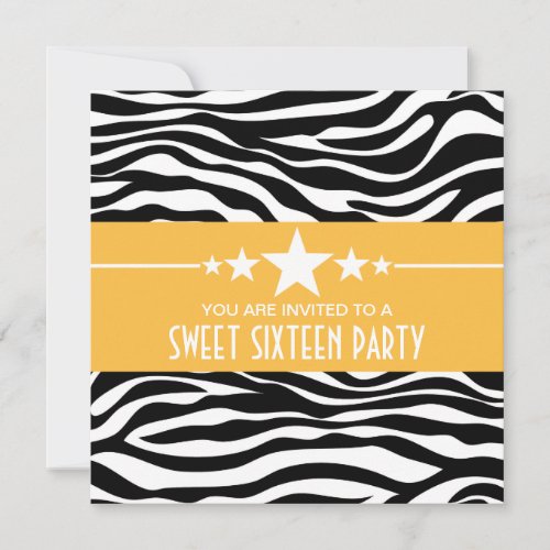 Yellow Stars Zebra Print Sweet 16 Invite