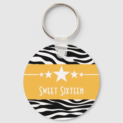Yellow Stars Zebra Print Sweet 16 Keychain
