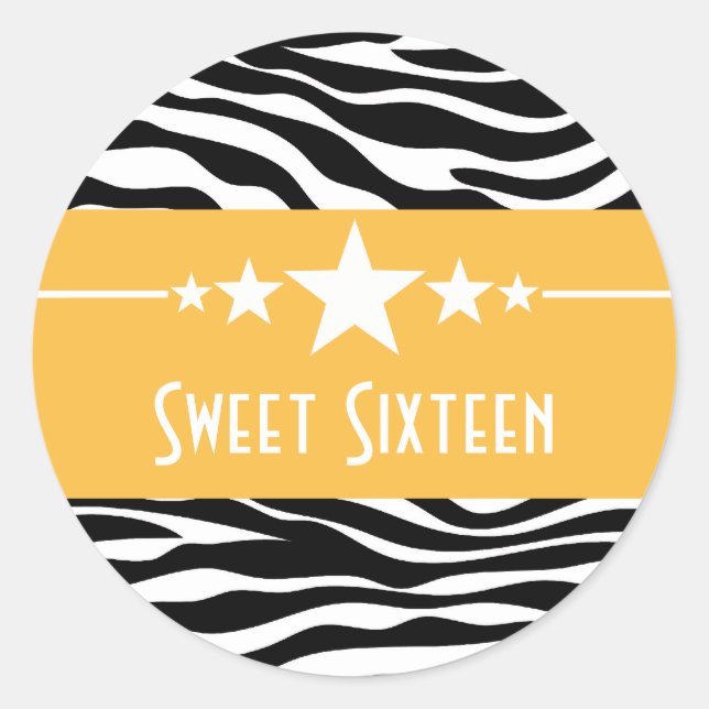 Yellow Stars Zebra Print Sweet 16 Stickers (Front)
